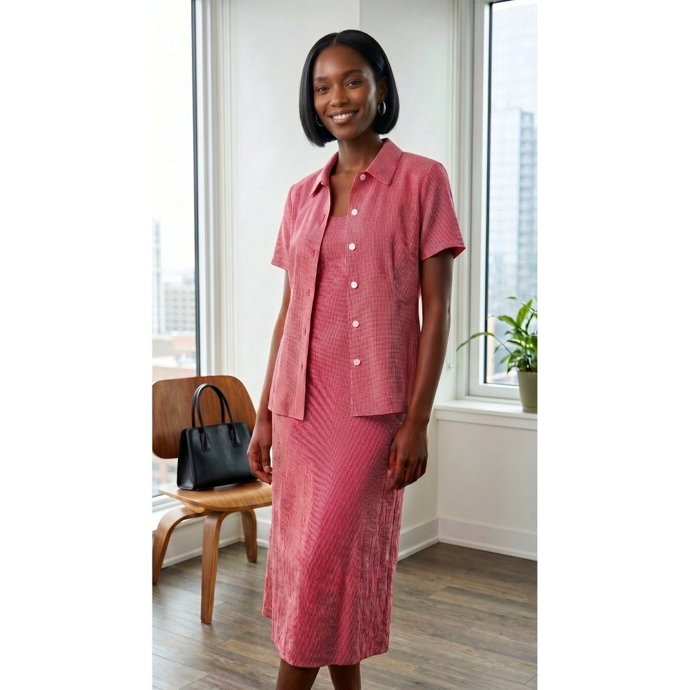 VTG Norm Thompson 2- Piece Red Striped Dress Set Midi Length Cottage Sz. 10P